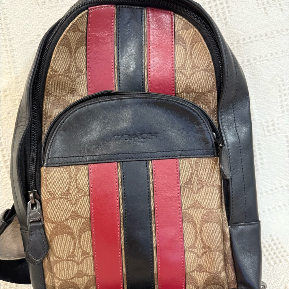 Coach Men's Tan and Red Stripe Backpack